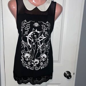 Black and White Sleeveless Top with Cat Design